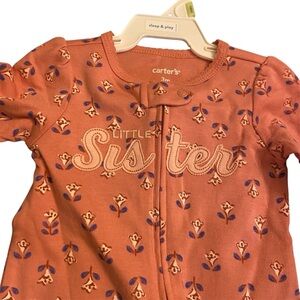 Carter's "Little Sister" Pink Floral Baby Onesie - NEW - double zipper PJ's